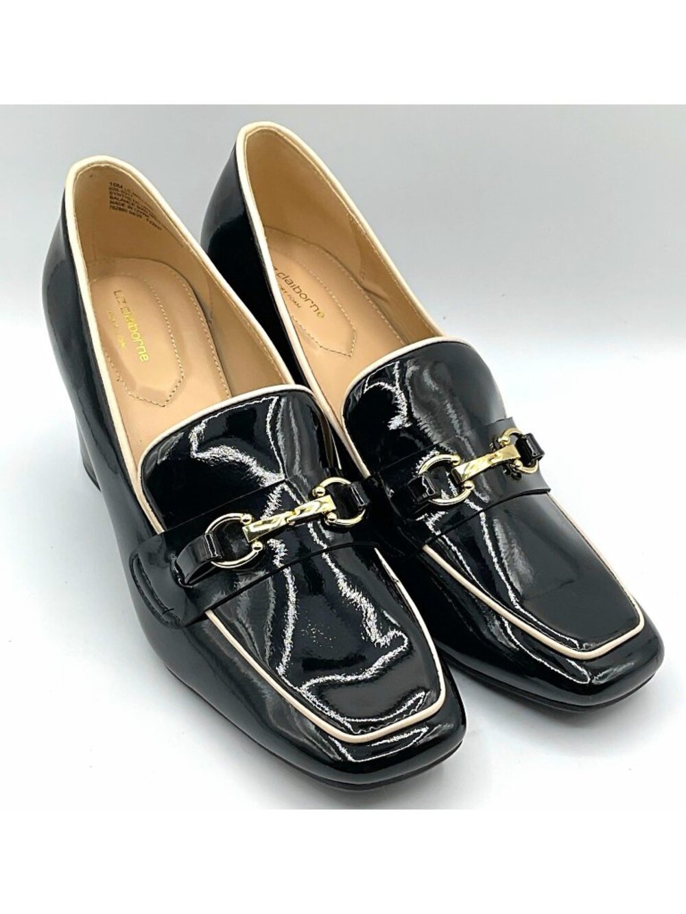 Liz Claiborne Mallard Loafers Womens 10M Black Patent Block Heel Gold Horsebit